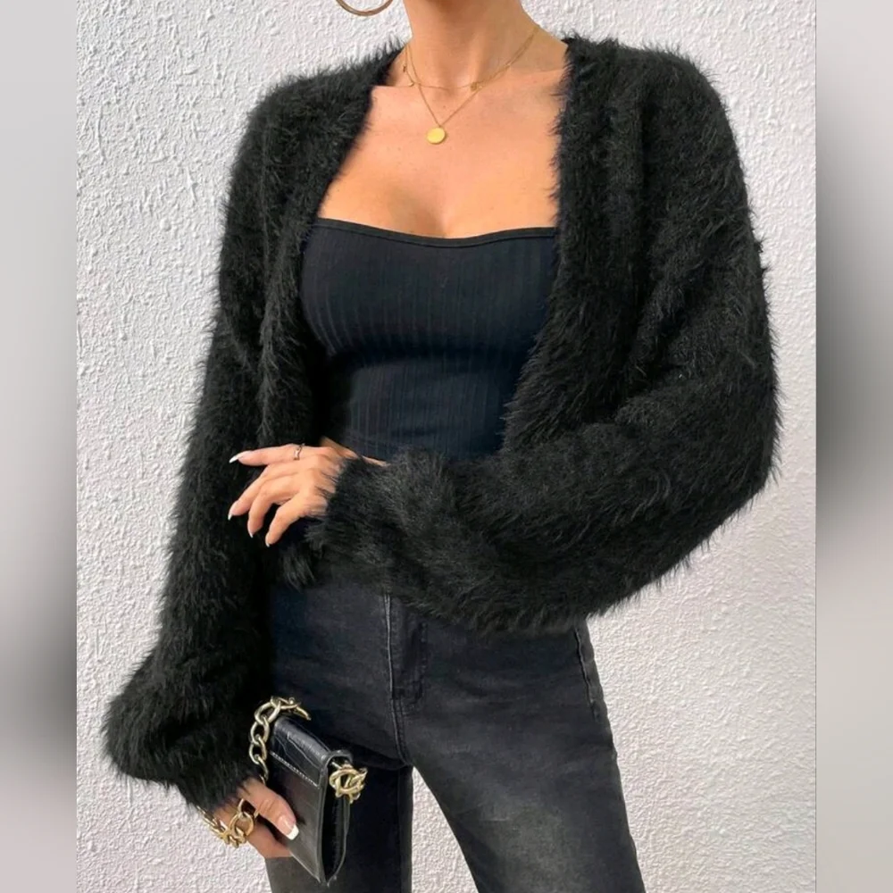 New Luxe Fluffy Faux Fur Like Knit Cardigan Sweater Cropped Black